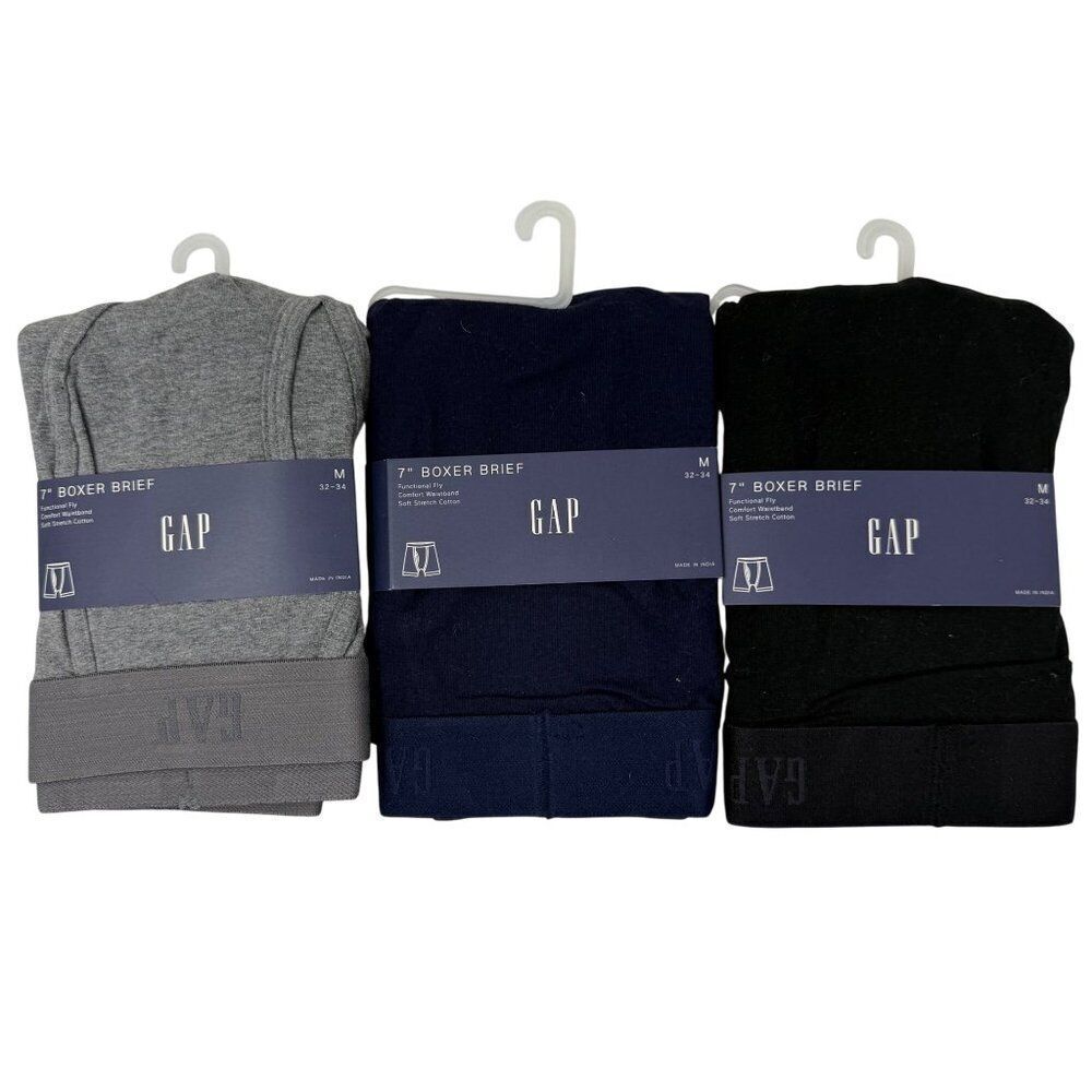 NWT GAP Mens 7" Boxer Briefs 3-Pack Medium 32-34 Soft Stretch Cotton Gray Navy B